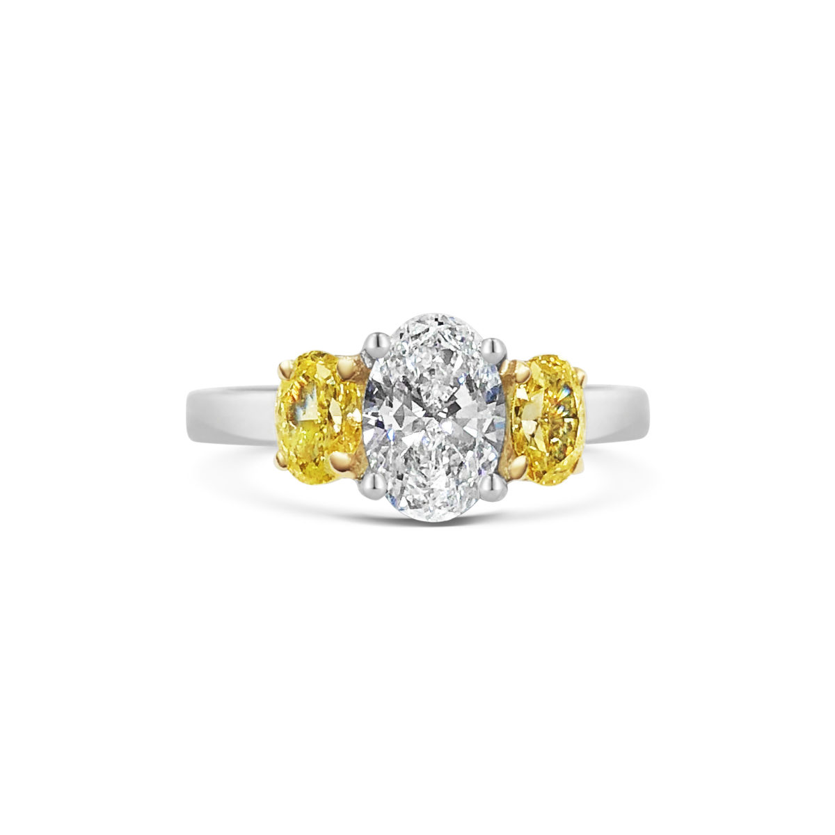 Gabrielle Oval Cut Diamond with Natural Fancy Yellow Oval Diamonds Three Stone Ring