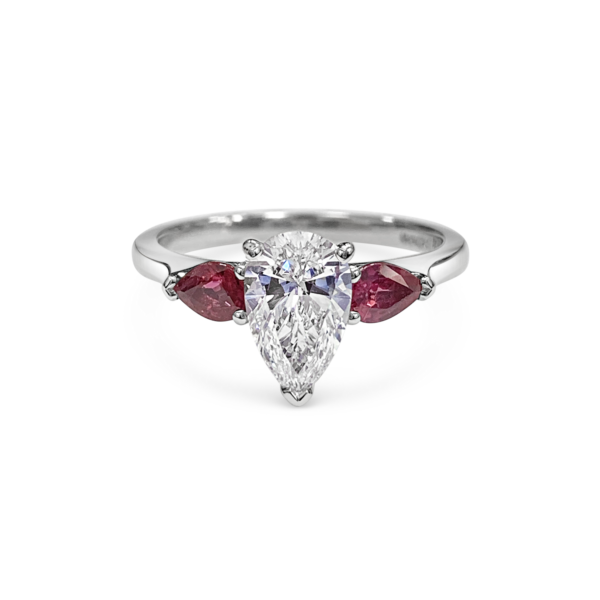 Elsa Pear Cut Diamond Three Stone Ruby Pears Engagement Ring Front View
