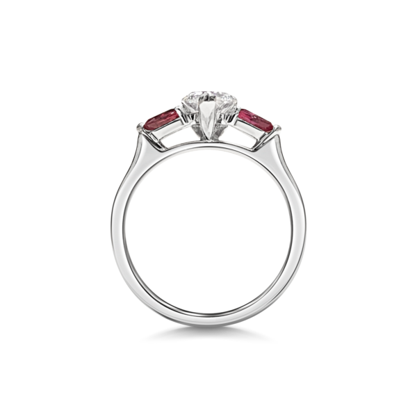 Elsa Pear Cut Diamond Three Stone Ruby Pears Engagement Ring Side View