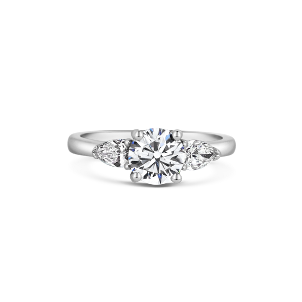 Elsa Round Three Stone Pear Diamond Engagement Ring Front View