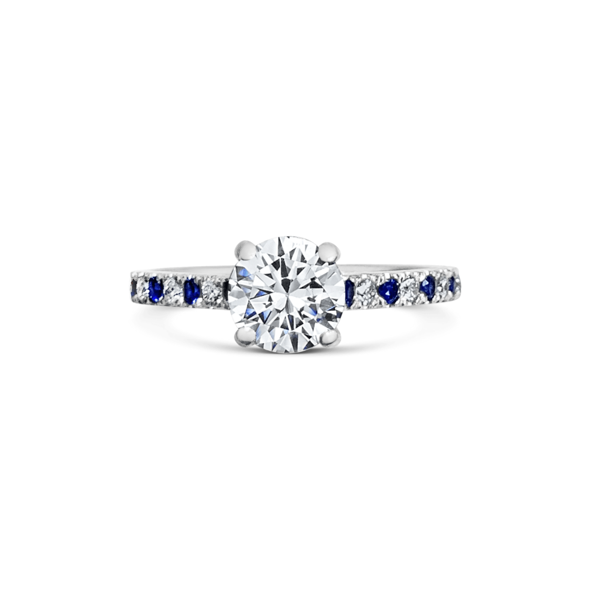 Emily Round Cut Diamond Microset Diamond & Sapphire Engagement Ring Front View1