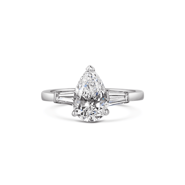 Florence Pear Diamond with Tapered Baguette Three Stone Ring Front View