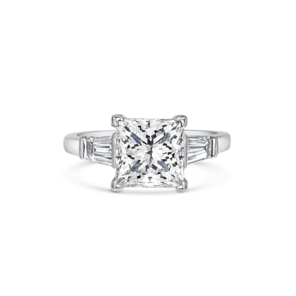 Florence Princess Diamond with Tapered Baguette Three Stone Ring Front View