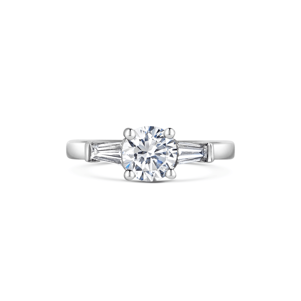Florence Round Diamond with Tapered Baguette Three Stone Ring Front View