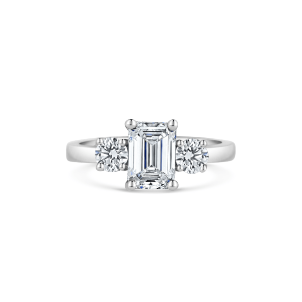Floria Emerald & Round Diamond Three Stone Engagement Ring Front View