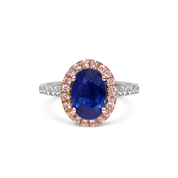 Paris Sapphire & Pink Diamond Halo Microset Engagement Ring Front View