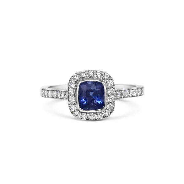 Zoe Cushion Blue Sapphire Rubover Halo Diamond Engagement Ring Front View