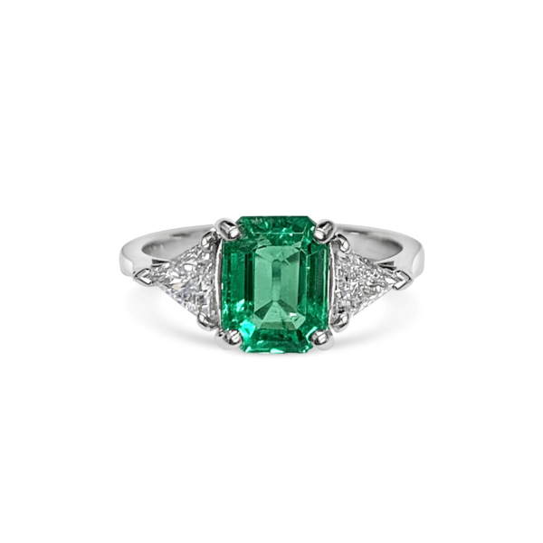 Rachelle Green Emerald Cushion Triangle Diamond Three Stone Engagement Ring Front View