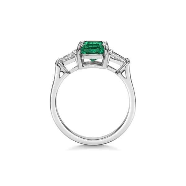 Rachelle Green Emerald Cushion Triangle Diamond Three Stone Engagement Ring Side View