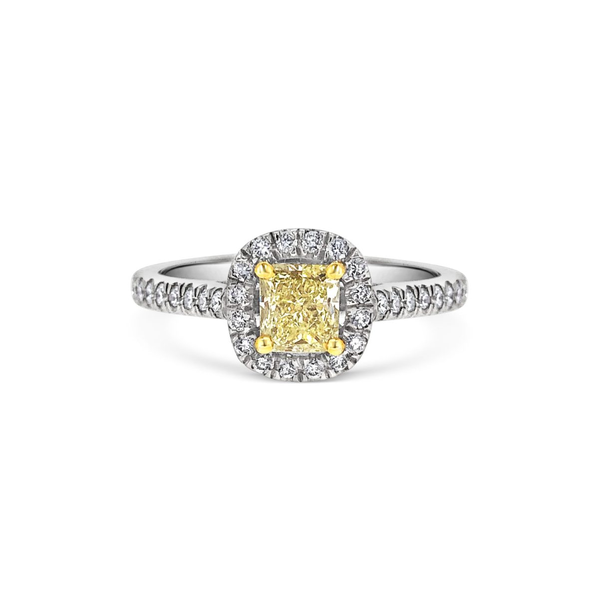 Maximilian Cushion Cut Natural Intense Yellow Diamond Microset Halo Engagement Ring