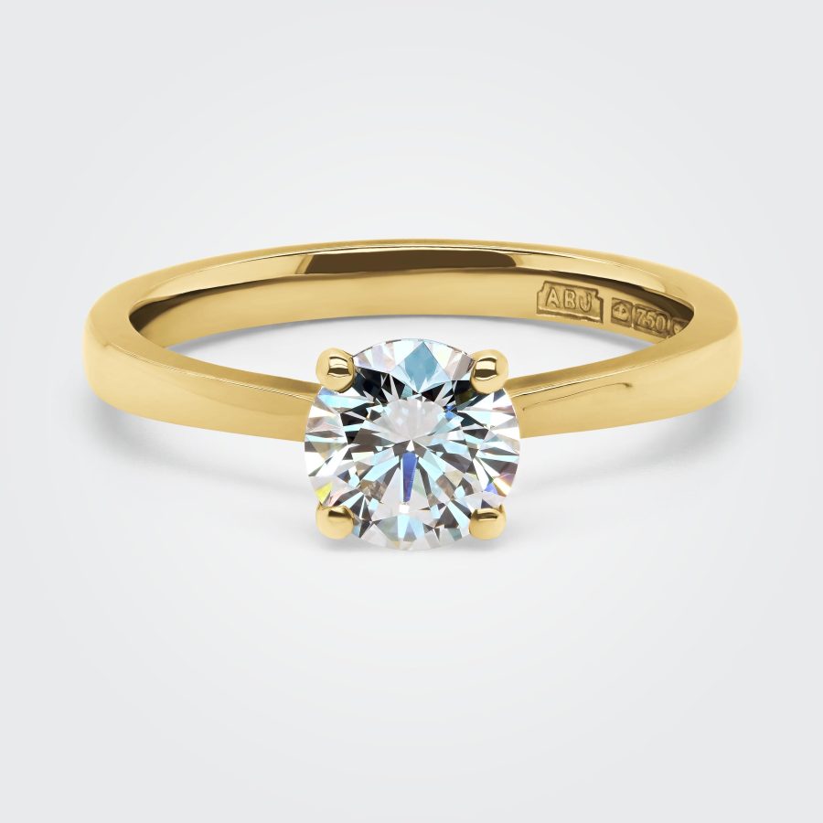 Round brilliant cut diamond solitaire engagement ring in 18ct Yellow Gold, handmade in Hatton Garden London by Alan Bick