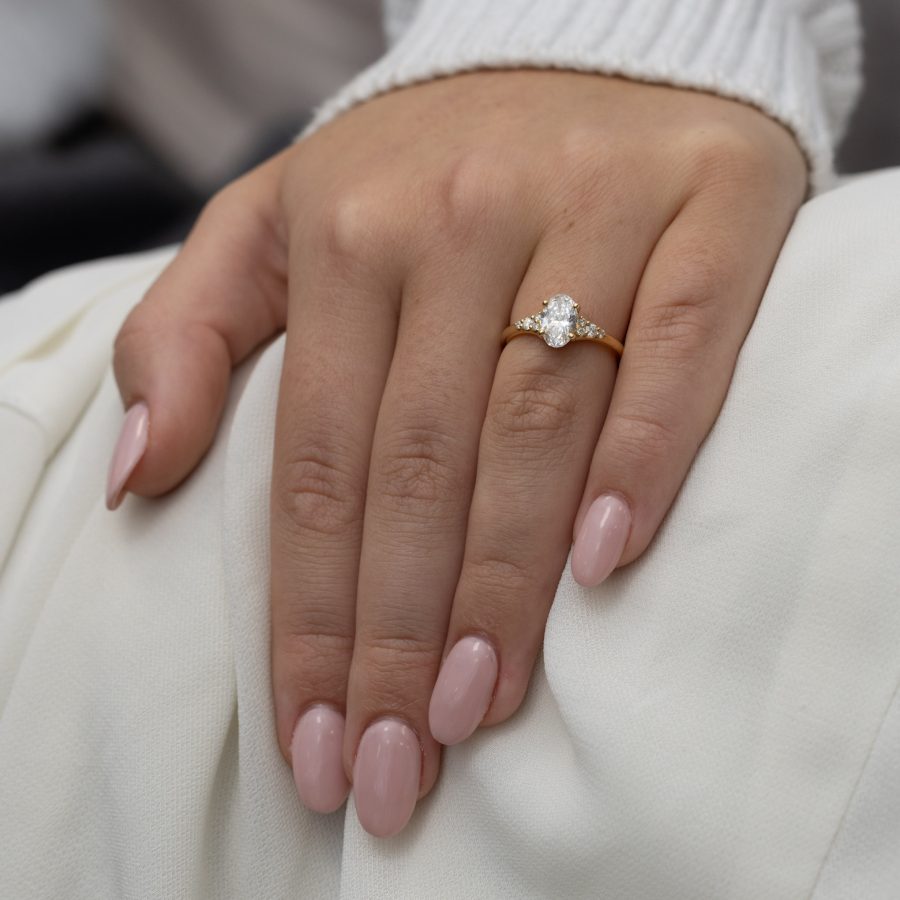 Oval diamond trefoil engagement ring in 18ct Yellow Gold, handmade in Hatton Garden London by Alan Bick