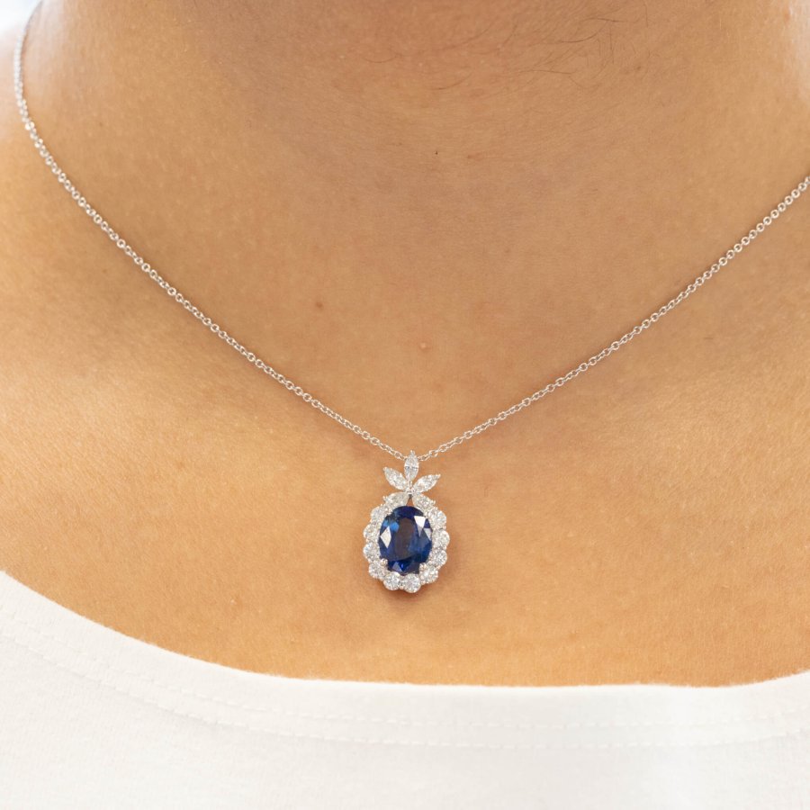 1.50ct Ginny Oval Cut Blue Sapphire 18ct White Gold Diamond Cluster Necklace