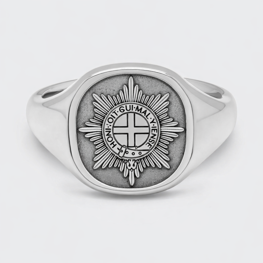 Cold Stream Platinum Engraved Cushion Design Signet Ring