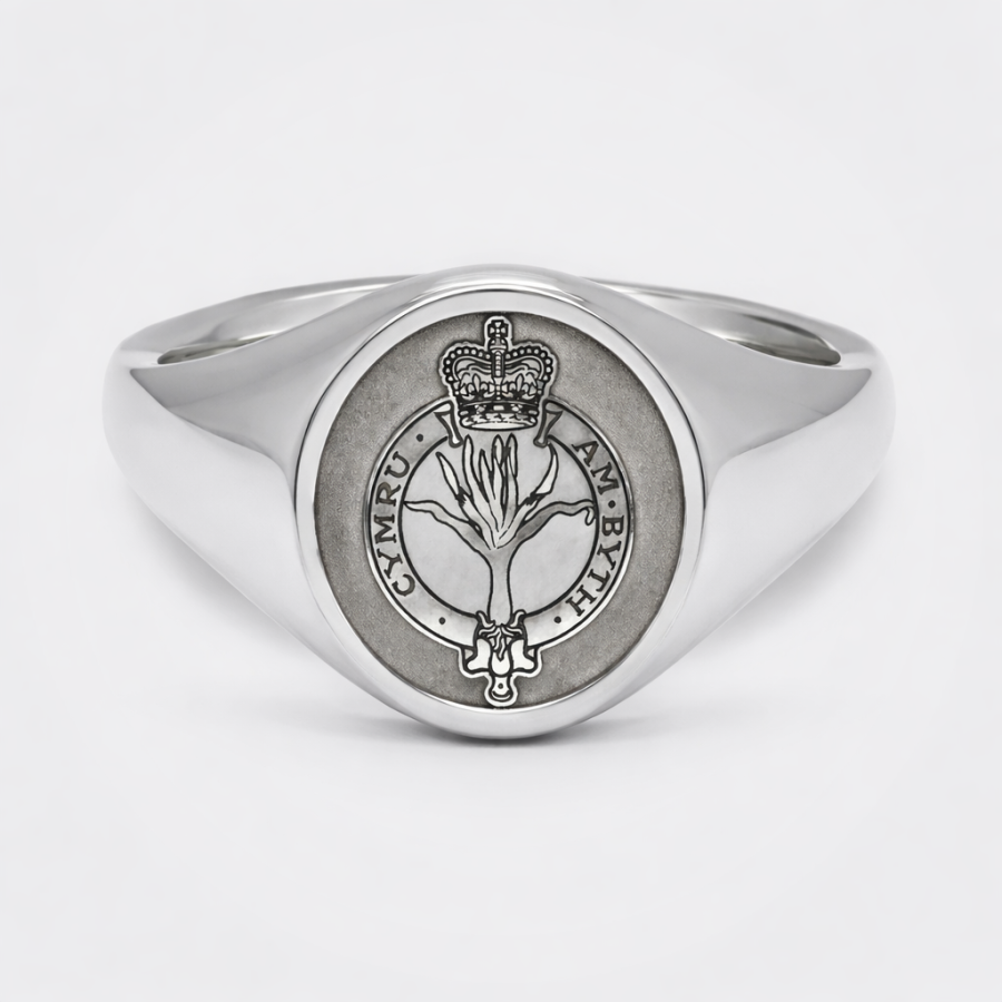 Welsh Guard Platinum Engraved Oval Design Signet Ring