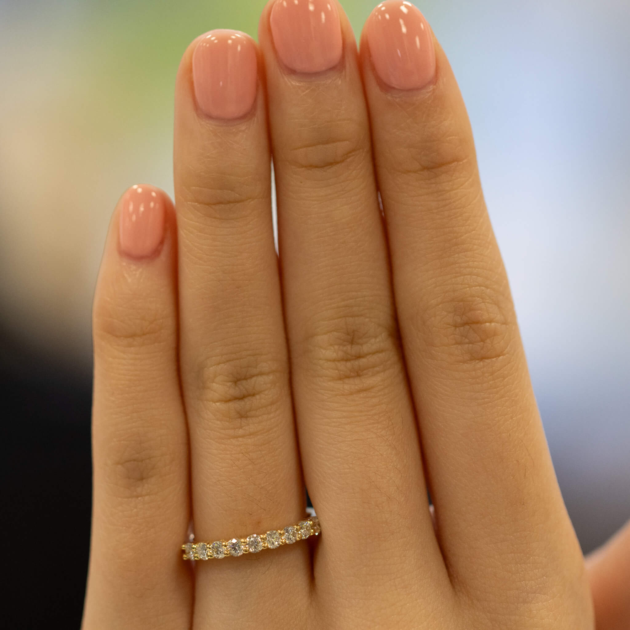 Round diamond eternity ring in 18ct yellow gold, handmade in Hatton Garden London by Alan Bick