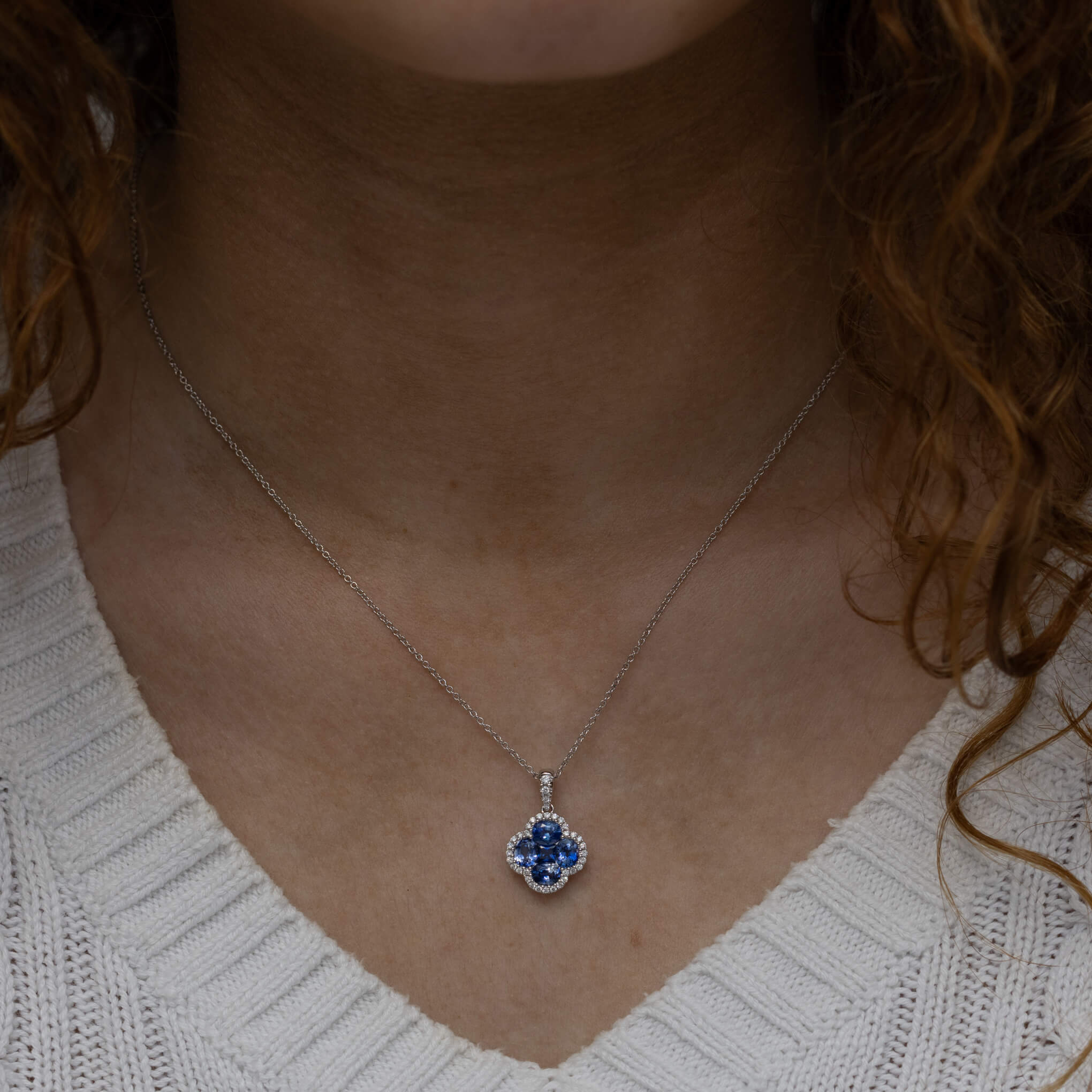 Sofia Blue Sapphire & Diamond Cluster Gold Pendant, bespoke created in Hatton Garden London, by Alan Bick