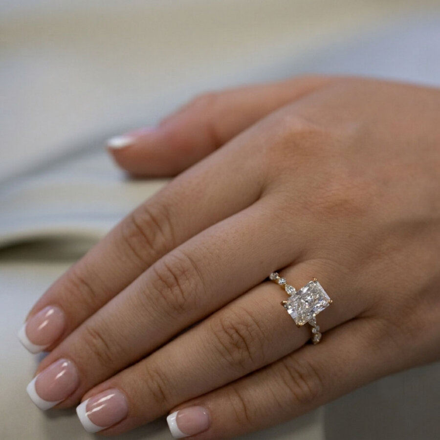 Hallie radiant diamond 18ct gold engagement ring, bespoke crafted in Hatton Garden London, by Alan Bick