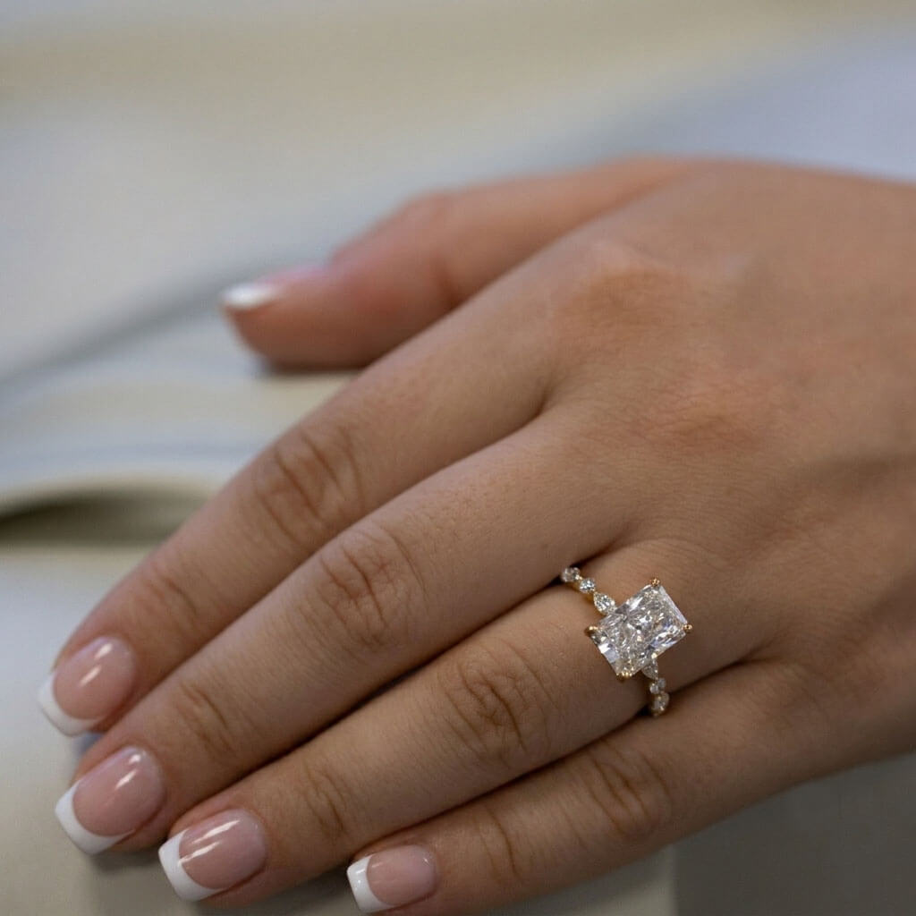 Hallie radiant diamond 18ct gold engagement ring, bespoke crafted in Hatton Garden London, by Alan Bick