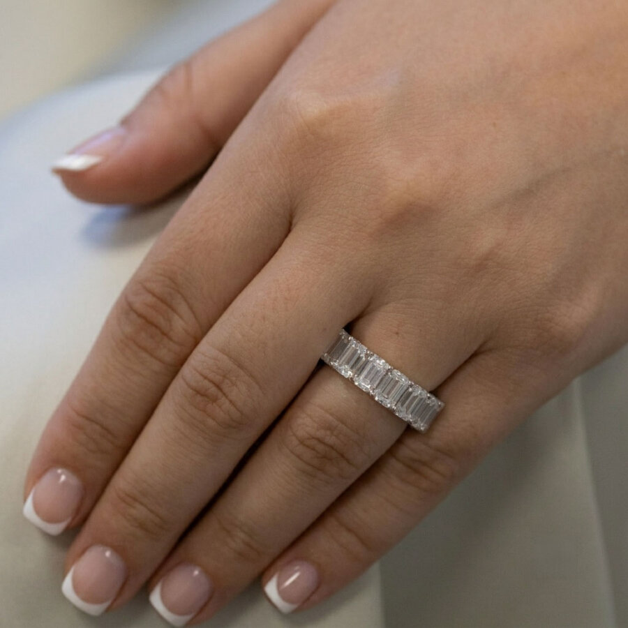 Kasen emerald lab-grown diamond eternity platinum ring, 8 stones, bespoke created our workshops in Hatton Garden London, by Alan Bick
