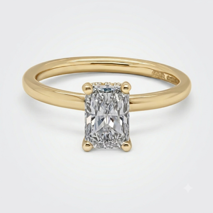Lea Radiant Hidden Halo 18ct Yellow Gold Ring, bespoke created in Hatton Garden, by Alan Bick