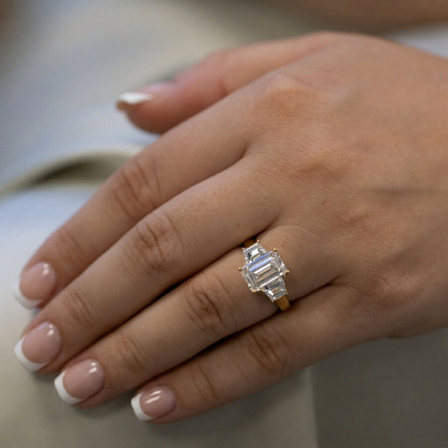 3.04ct Oakland Emerald Lab-Grown Diamond Gold Trilogy Engagement Ring