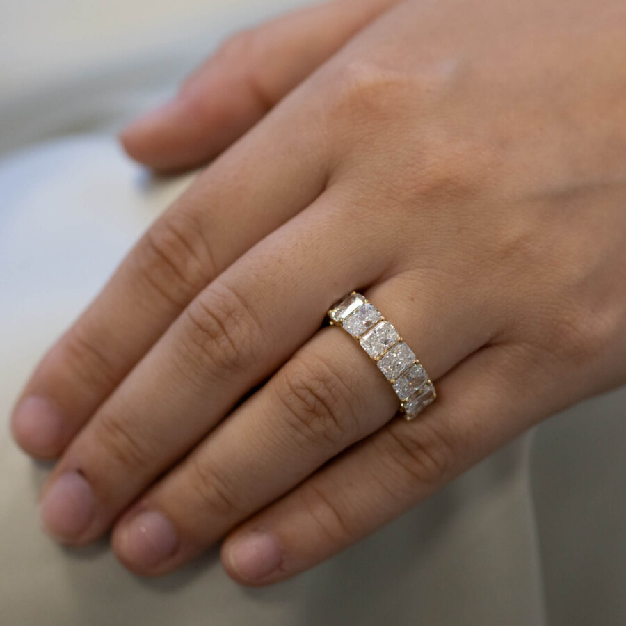 Radiant Half Eternity 18ct Yellow Gold Ring, bespoke made in Hatton Garden London, by Alan Bick