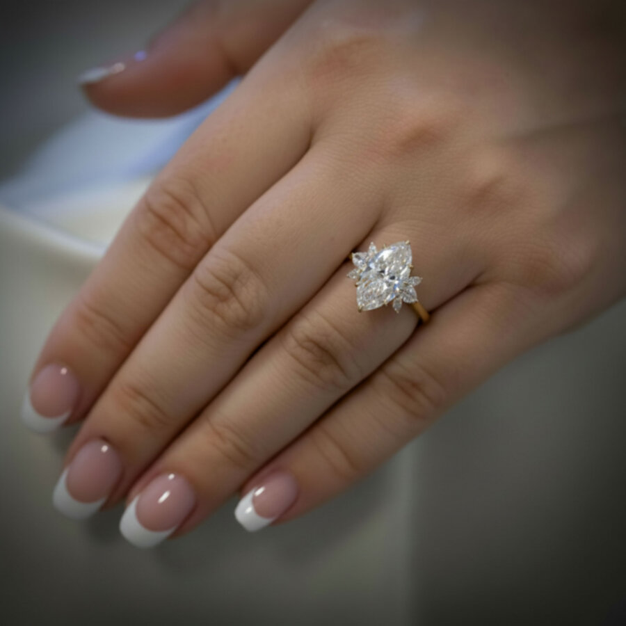 Sarah Marquise Lab-Grown Diamond 18ct Yellow Gold Engagement Ring, bespoke made in Hatton Garden London, by Alan Bick