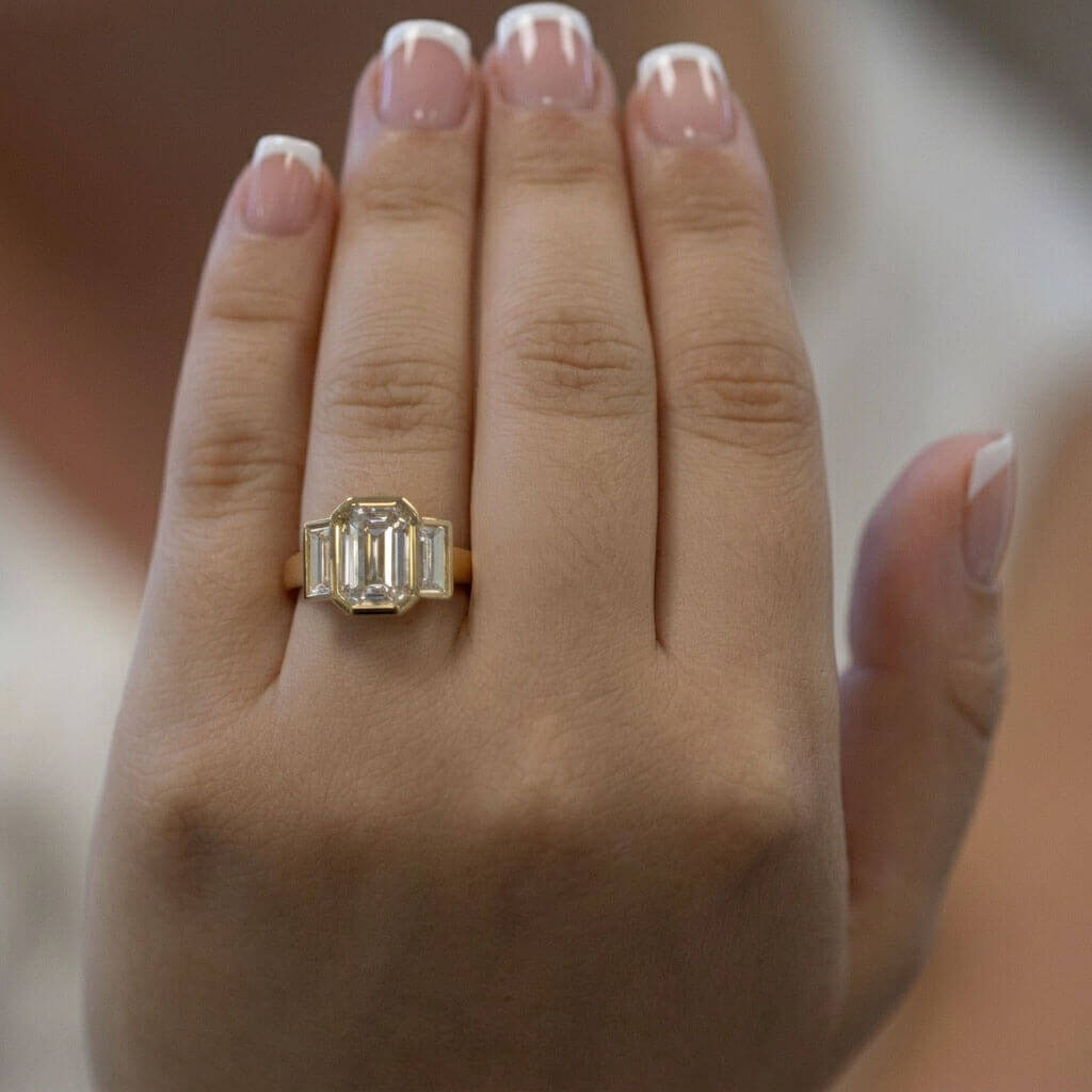Tina Emerald Engagement Ring, made in 18ct Yellow Gold, created in our Hatton Garden London workshops, by Alan Bick. Ready to Ship