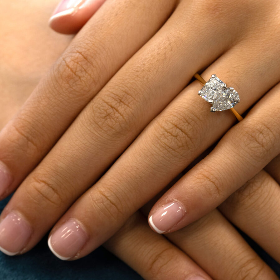Toi Et Moi Pear & Radiant Diamond Two Stone 18ct Yellow Gold Engagement Ring, bespoke created in Hatton Garden London workshops, by Alan Bick Bespoke Jewellers