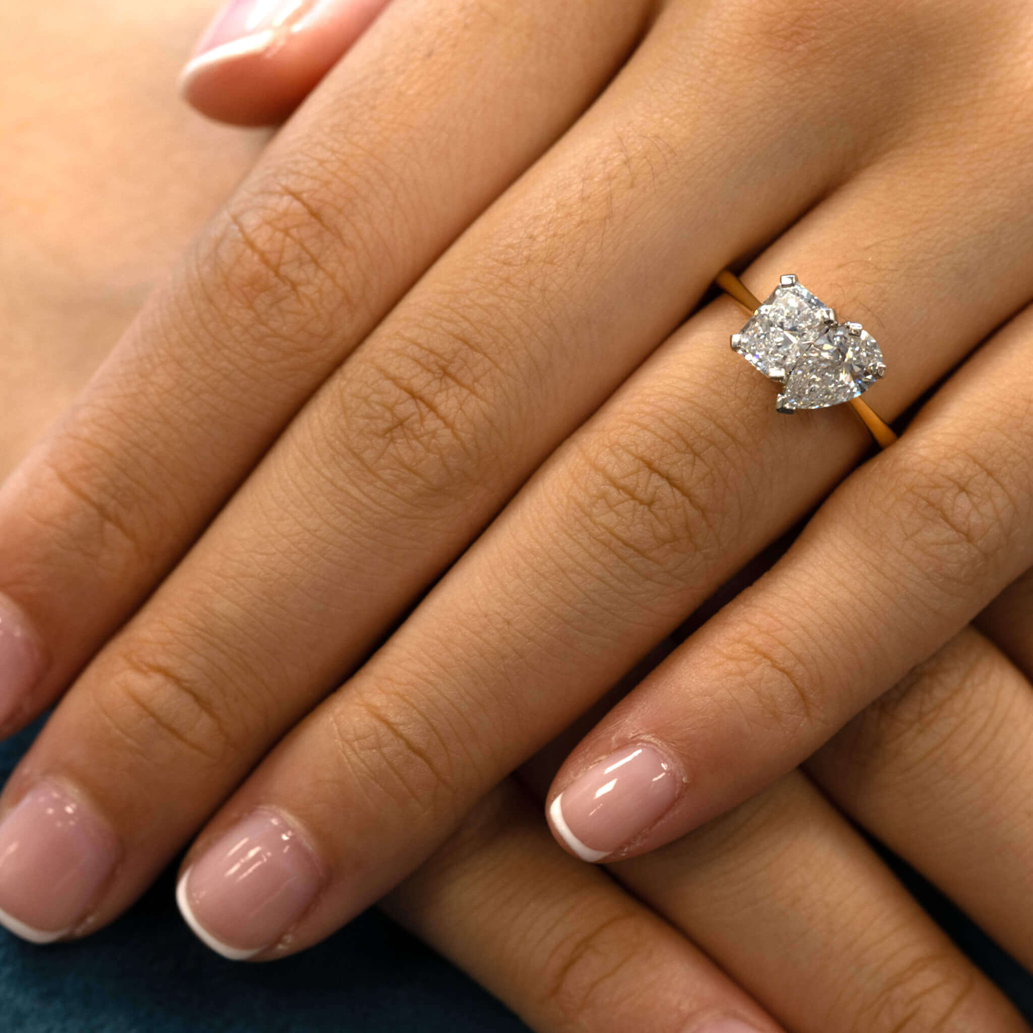 Toi Et Moi Pear & Radiant Diamond Two Stone 18ct Yellow Gold Engagement Ring, bespoke created in Hatton Garden London workshops, by Alan Bick Bespoke Jewellers