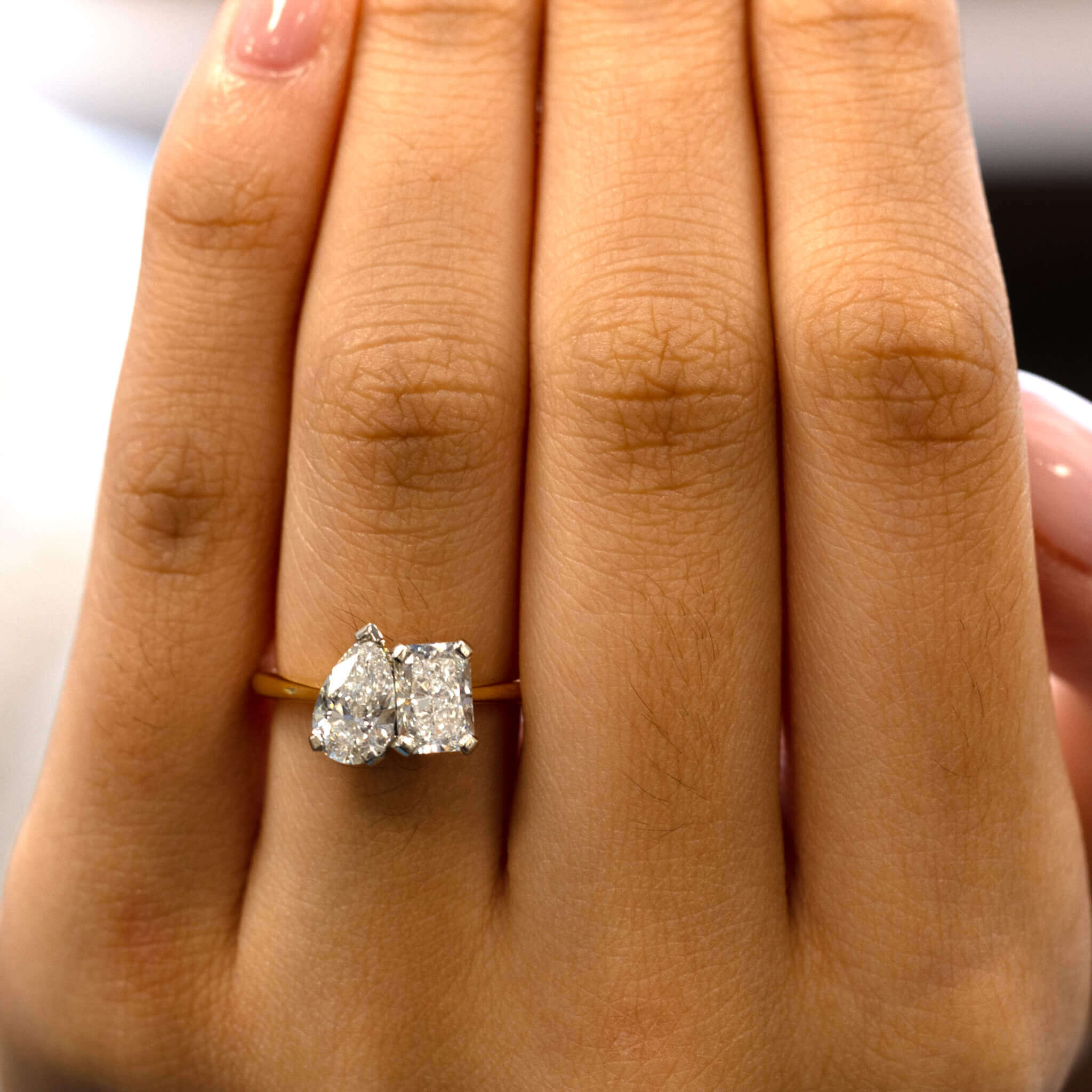 Toi Et Moi Pear & Radiant Diamond Two Stone 18ct Yellow Gold Engagement Ring, bespoke created in Hatton Garden London workshops, by Alan Bick Bespoke Jewellers
