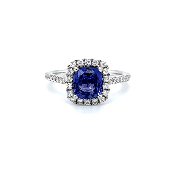 Bow Cushion Cut Blue Sapphire Halo Engagement Ring