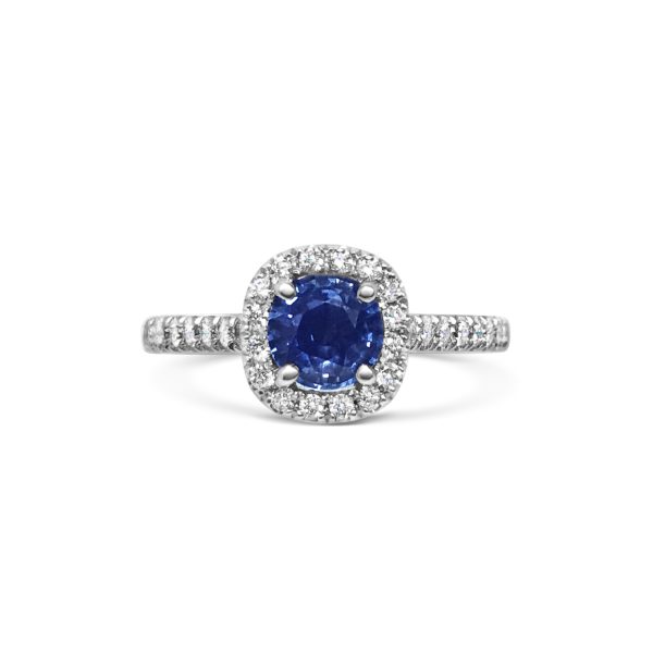 Heidi Cushion Cut Blue Sapphire Halo Microset Engagement Ring Front View