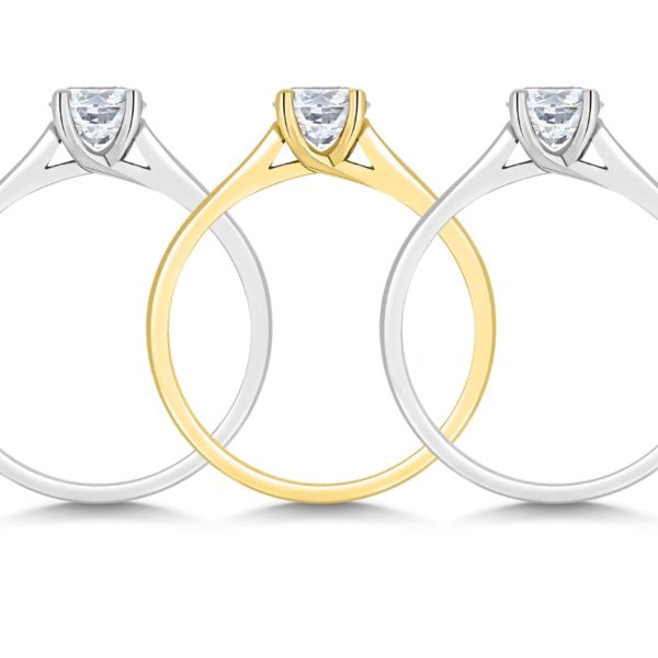White gold, yellow gold and platinum engagement rings